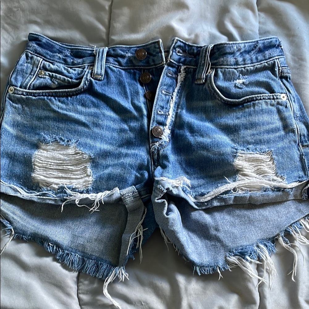 Blue Distressed Jean Shorts with Frayed Hem